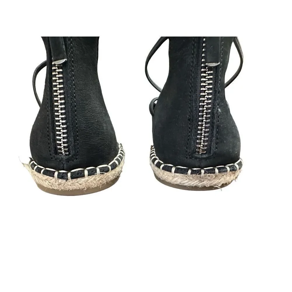 Eileen Fisher Flat Shoes Lace Leather Espadrille Wrap Sandal Black 8 Size: 81/2